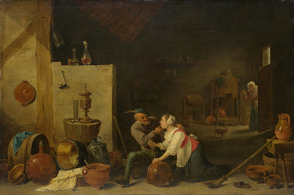 David Teniers the Younger - An Old Peasant caresses a Kitchen Maid in a Stable - Oil Painting Tour