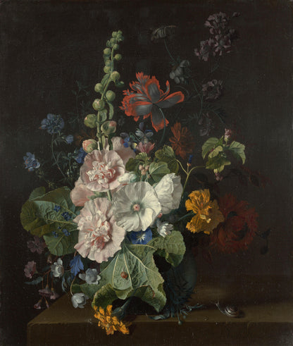 Jan van Huysum - Hollyhocks and Other Flowers in a Vase - Oil Painting Tour