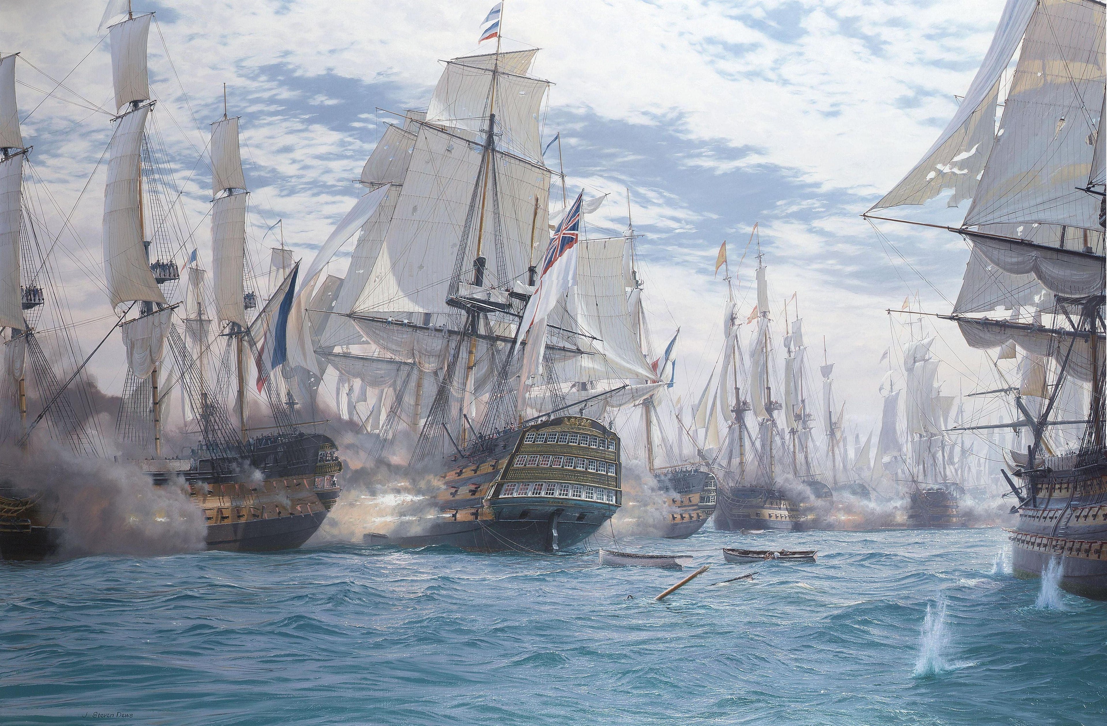 John Steven Dews - The Battle of Trafalgar – H.M.S. Victory breaking the enemy line and raking the stern of the French flagship as she goes through - Oil Painting Tour